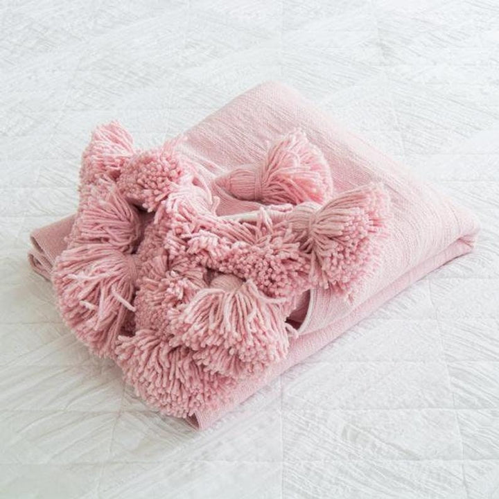 Pink Moroccan pom pom throw blanket,bohemian decor bedcover, blanket sofa, pom pom blanket, Throw Blanket With Tassels