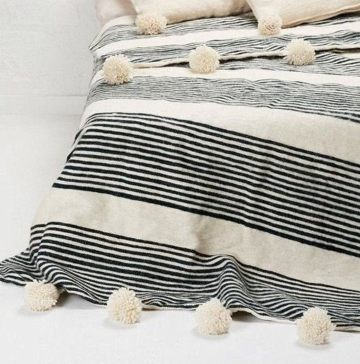 IvoryBlack Moroccan pom pom throw blanket,bohemian decor bedcover, blanket sofa, pom pom blanket, Throw Blanket With Tassels