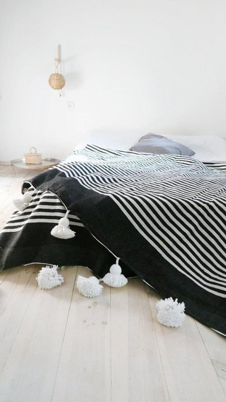 BlackWhite Moroccan pom pom throw blanket,bohemian decor bedcover, blanket sofa, pom pom blanket, Throw Blanket With Tassels