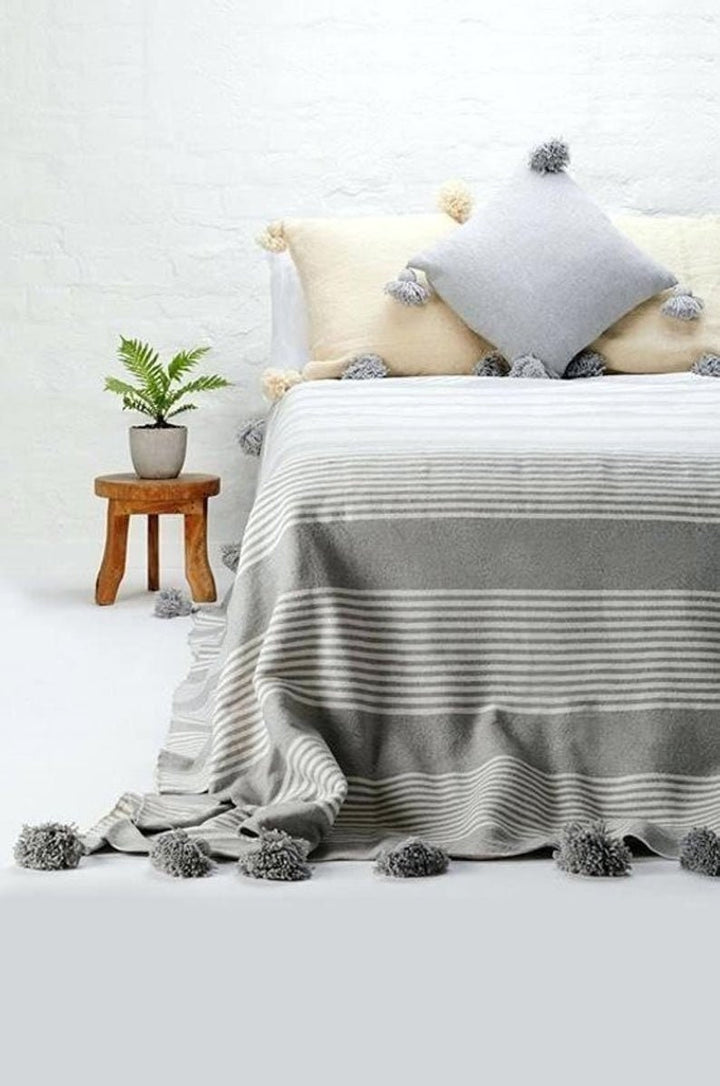 GrayWhite Moroccan pom pom throw blanket,bohemian decor bedcover, blanket sofa, pom pom blanket, Throw Blanket With Tassels