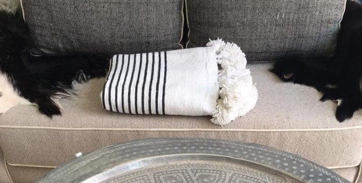 WhiteBlack Moroccan pom pom throw blanket,bohemian decor bedcover, blanket sofa, pom pom blanket, Throw Blanket With Tassels