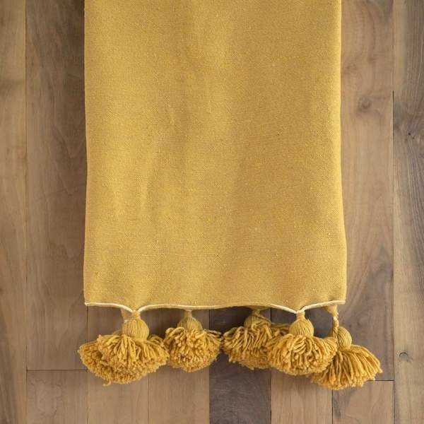 Mustard Moroccan pom pom throw blanket,bohemian decor bedcover, blanket sofa, pom pom blanket, Throw Blanket With Tassels