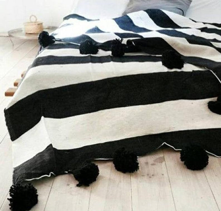 Beautiful Moroccan Pompom Blanket,Pom Poms,Boho Blanket,Cotton Bed Cover with Black stripes, moroccan Pompom throw blanket, Pompom Blanket