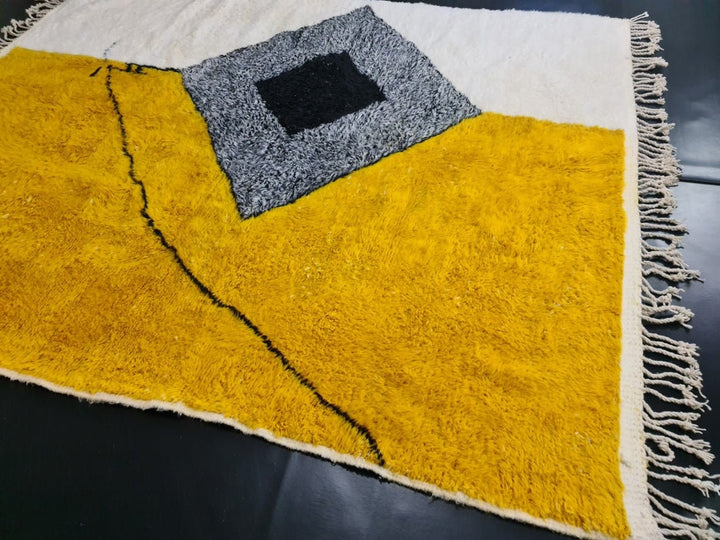 CUSTOM MOROCCAN RUG, Handmade Beni Ourain Rug, Mustard And White Rug, Abstract Rug, Handwoven Wool Rug, Area Rug, Bohemian Rug, Berber Rug .