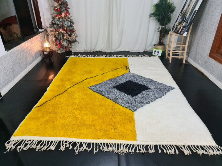 CUSTOM MOROCCAN RUG, Handmade Beni Ourain Rug, Mustard And White Rug, Abstract Rug, Handwoven Wool Rug, Area Rug, Bohemian Rug, Berber Rug .