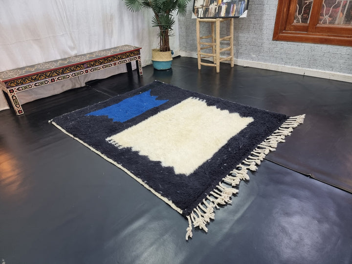 STUNNING BENIOURAIN RUG, Handmade Wool Rug, Moroccan Rug, Abstract Blue And Black Rug, Sheep Wool Rug, Handwoven Rug, Berber Rug, Plain Rug