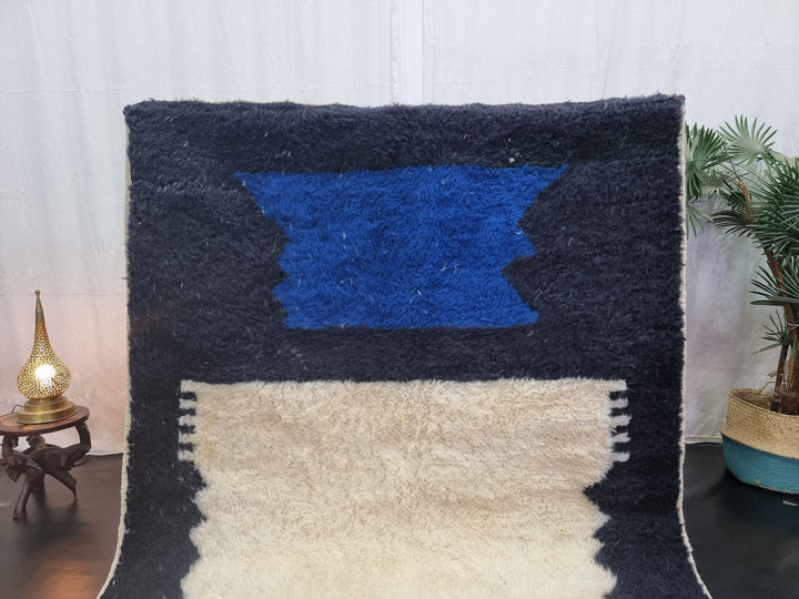 STUNNING BENIOURAIN RUG, Handmade Wool Rug, Moroccan Rug, Abstract Blue And Black Rug, Sheep Wool Rug, Handwoven Rug, Berber Rug, Plain Rug