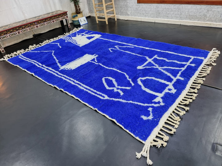 AMAZING WOOL RUG For Your Living Room, Moroccan Handmade Beniourain Rug With a Royal Blue Color, Abstract Artistic Handwoven Berber Carpet