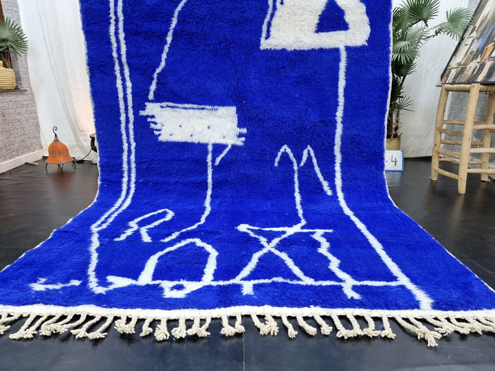 AMAZING WOOL RUG For Your Living Room, Moroccan Handmade Beniourain Rug With a Royal Blue Color, Abstract Artistic Handwoven Berber Carpet