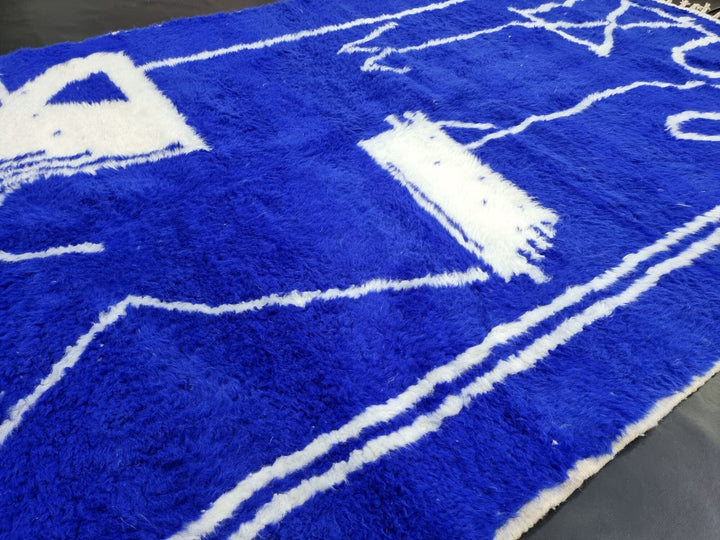 AMAZING WOOL RUG For Your Living Room, Moroccan Handmade Beniourain Rug With a Royal Blue Color, Abstract Artistic Handwoven Berber Carpet