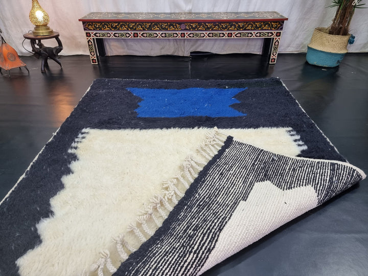 STUNNING BENIOURAIN RUG, Handmade Wool Rug, Moroccan Rug, Abstract Blue And Black Rug, Sheep Wool Rug, Handwoven Rug, Berber Rug, Plain Rug