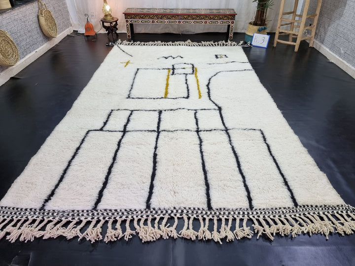 AMAZING BENIOURAIN RUG, Berber Moroccan Rug, Handmade Wool Rug, Abstract Rug, White and Black Rug, Area Rug, Plain Rug, Bohemian Wool Carpet