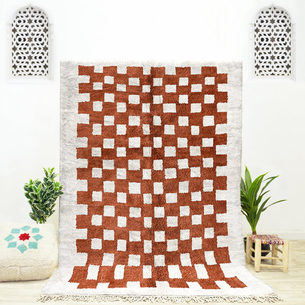 Brown Checkered Rug, Moroccan Shag Rug, Handmade Wool Rug, Checkerboard Rug, Beni Ourain Rug, Area Rug