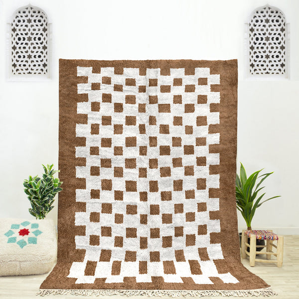 A custom Brown Bohemian Moroccan Beni Ourain checkered rug