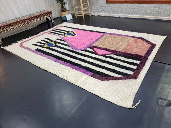 PRETTY MOROCCAN RUG, Handmade Wool Rug, White And Pink Rug, Berber Wool Rug, Abstract Wool Rug, Funky Rug, Area Rug, Handwoven rug, Boho Rug