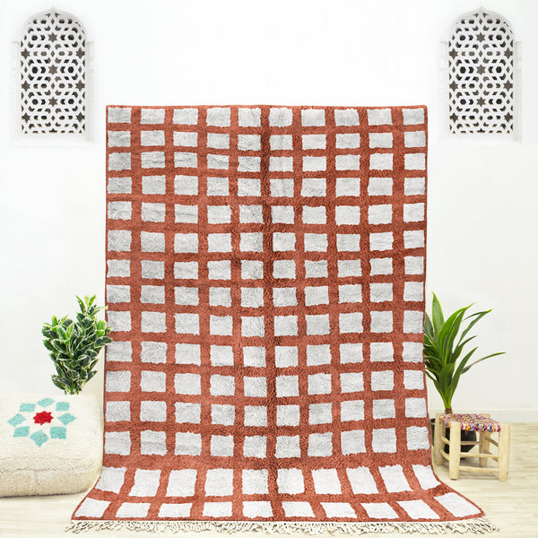 A Brown Moroccan Shag Rug, Handmade Checkered Rug, Custom Area Rug