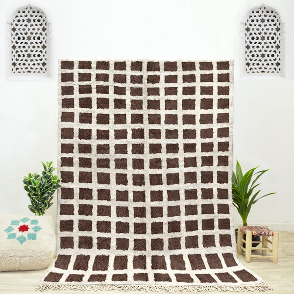 A Brown area Moroccan Beni Ourain checkerboard rug