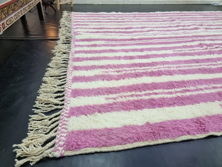 STUNNING PINK RUG, Handmade Striped Wool Rug For Your Living Room, Moroccan Inspired Berber Beni Rug, Pink Sheep Wool Handwoven Area Carpet