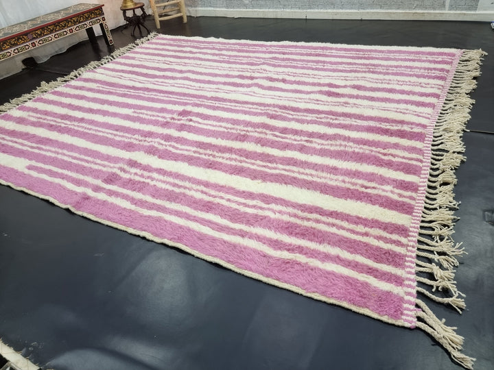 STUNNING PINK RUG, Handmade Striped Wool Rug For Your Living Room, Moroccan Inspired Berber Beni Rug, Pink Sheep Wool Handwoven Area Carpet