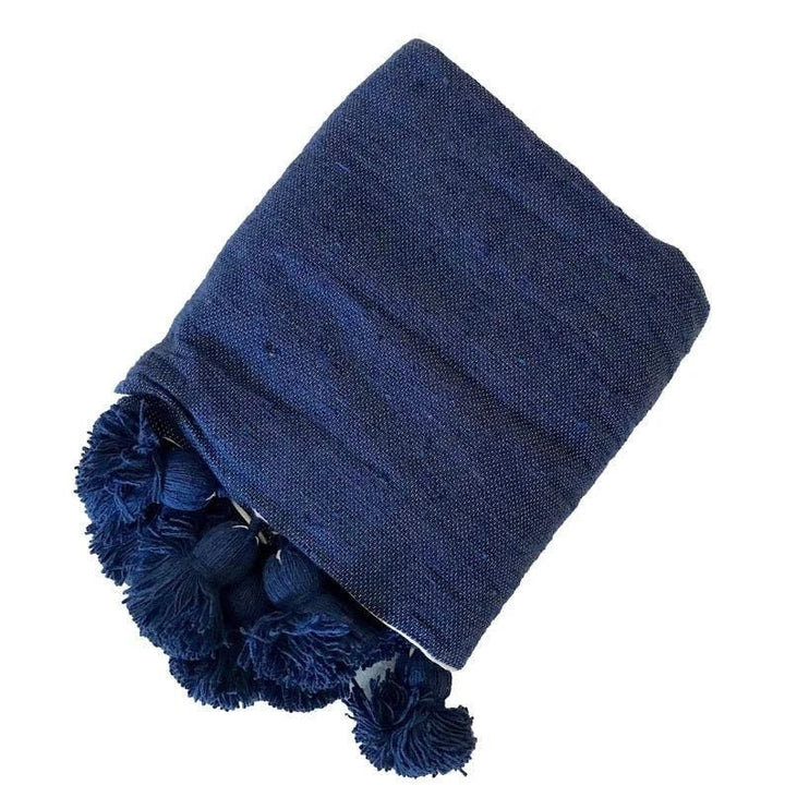 MOROCCAN POMPOM BLANKET  Boho Pom Poms Blanket,Bed Cover throw  Navy Blue blanket throw  throw blanket  Moroccan Blanket with tassels