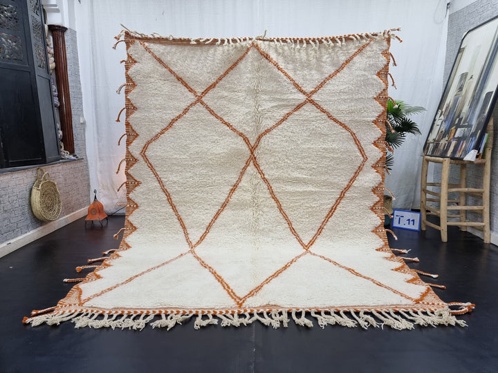 UNIQUE BENIOURAIN RUG, Moroccan Rug, Sheep Wool Rug, Geometric Rug, Orange And White Rug, Handmade Berber Rug, Azilal Rug, Handwoven Rug