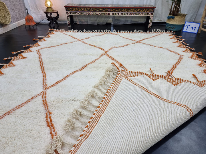 UNIQUE BENIOURAIN RUG, Moroccan Rug, Sheep Wool Rug, Geometric Rug, Orange And White Rug, Handmade Berber Rug, Azilal Rug, Handwoven Rug